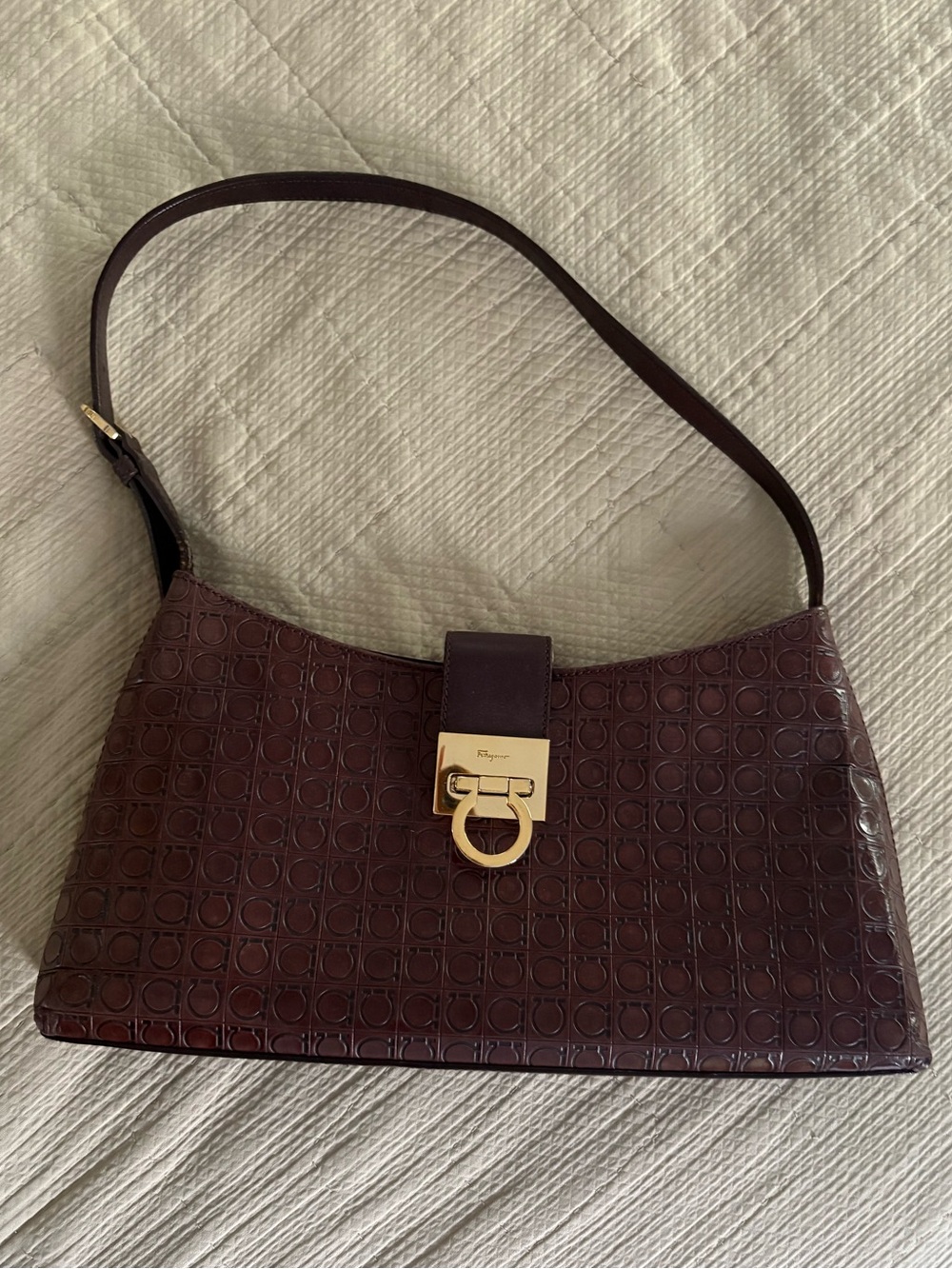 Salvatore Ferragamo Gancini Embossed Leather Shoulder Bag with Gold Hardware